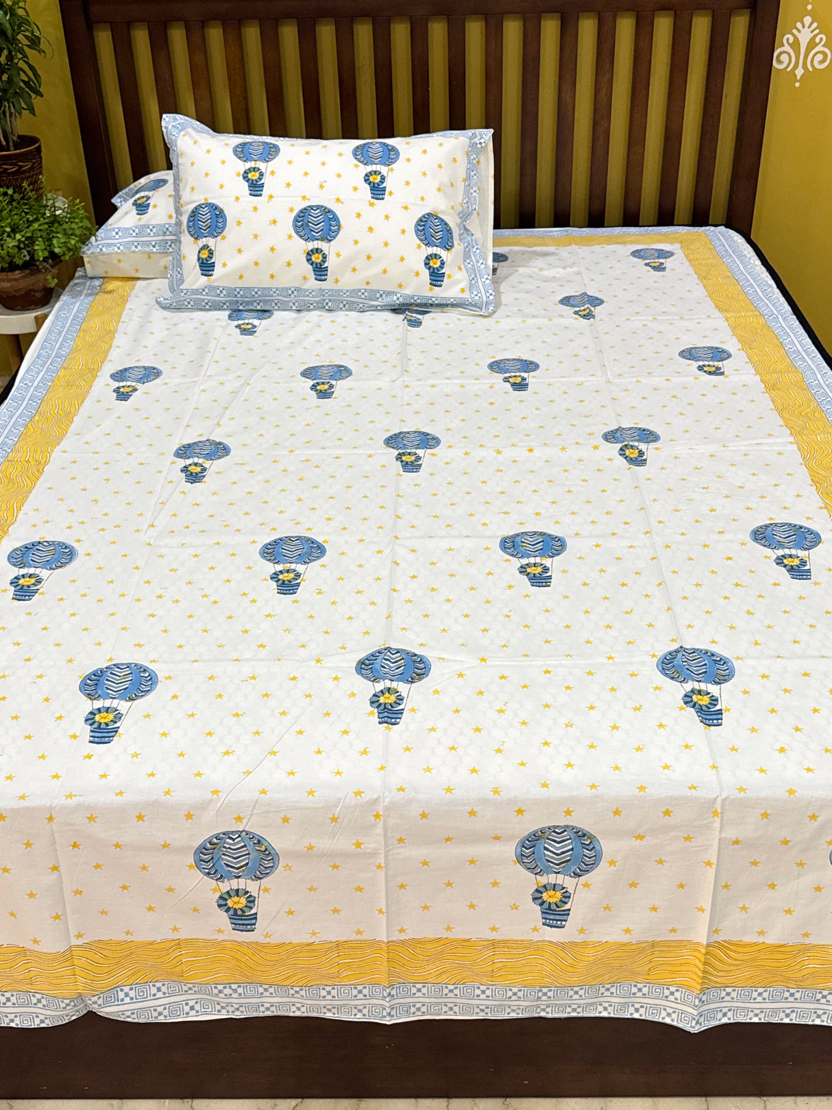 Cute Hot Air Balloon Handblock Printed Kids Cotton Bedsheet