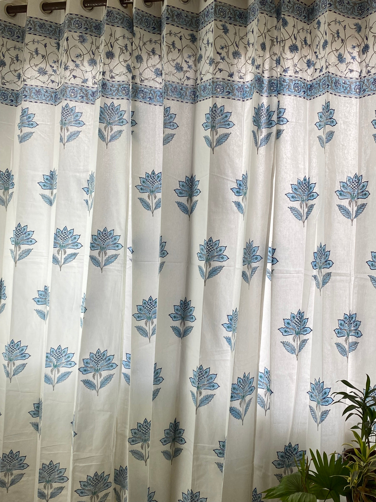 Pair of Blue Floral Blockprint Cotton Curtain (Set of 2)