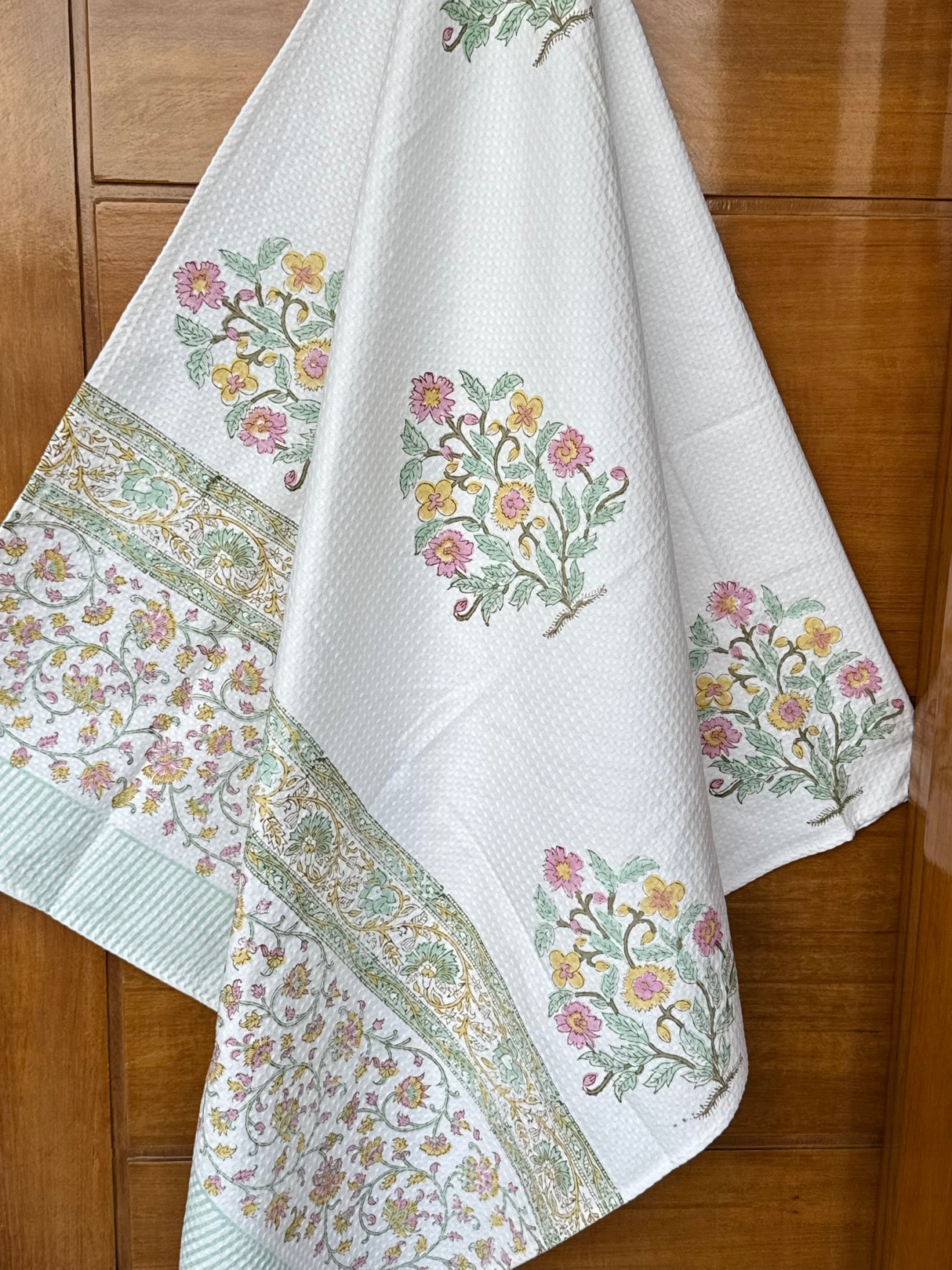 Pastel Floral Blockprint Cotton Towel- Waffle Weave