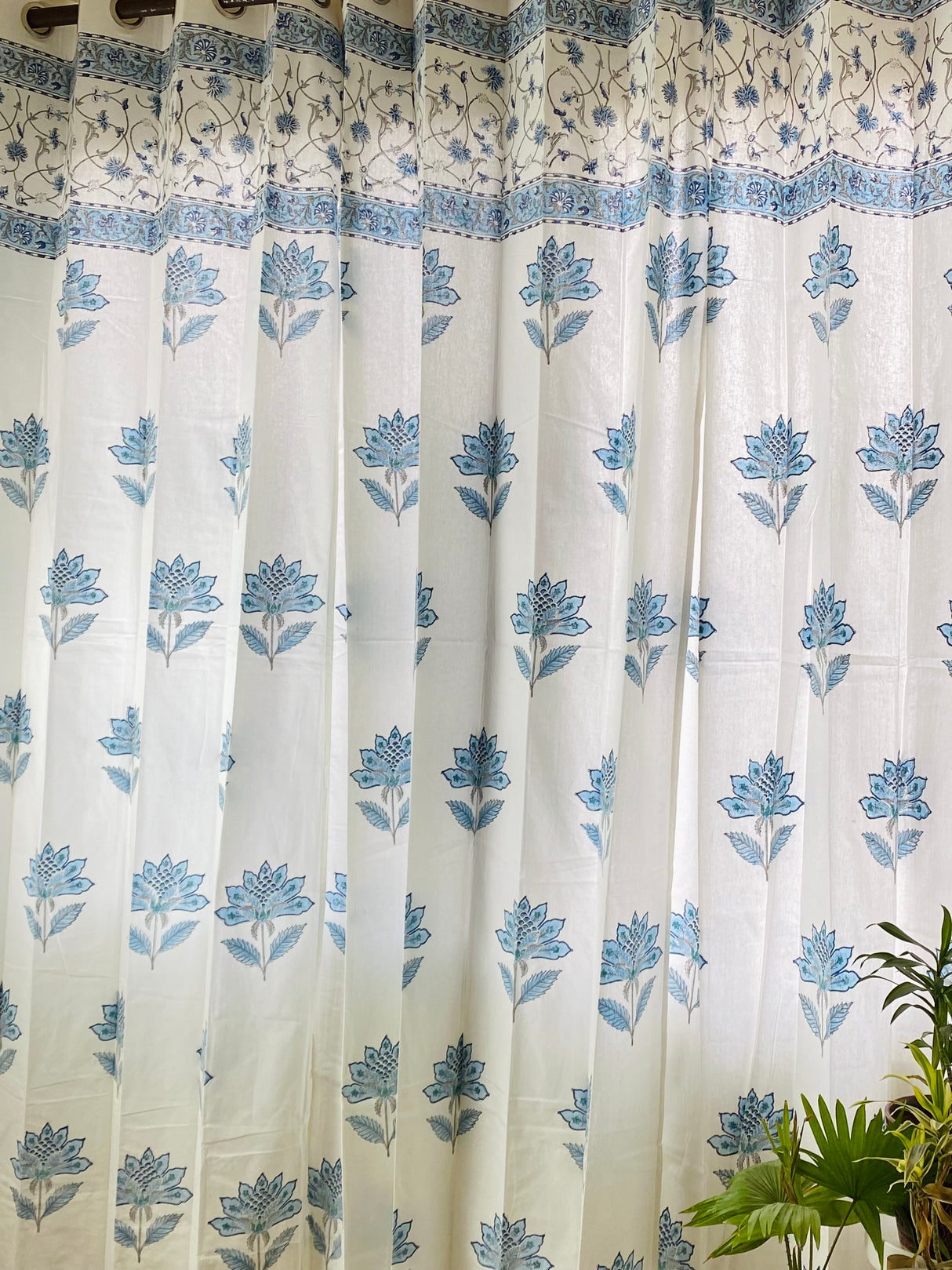 Pair of Blue Floral Blockprint Cotton Curtain (Set of 2)