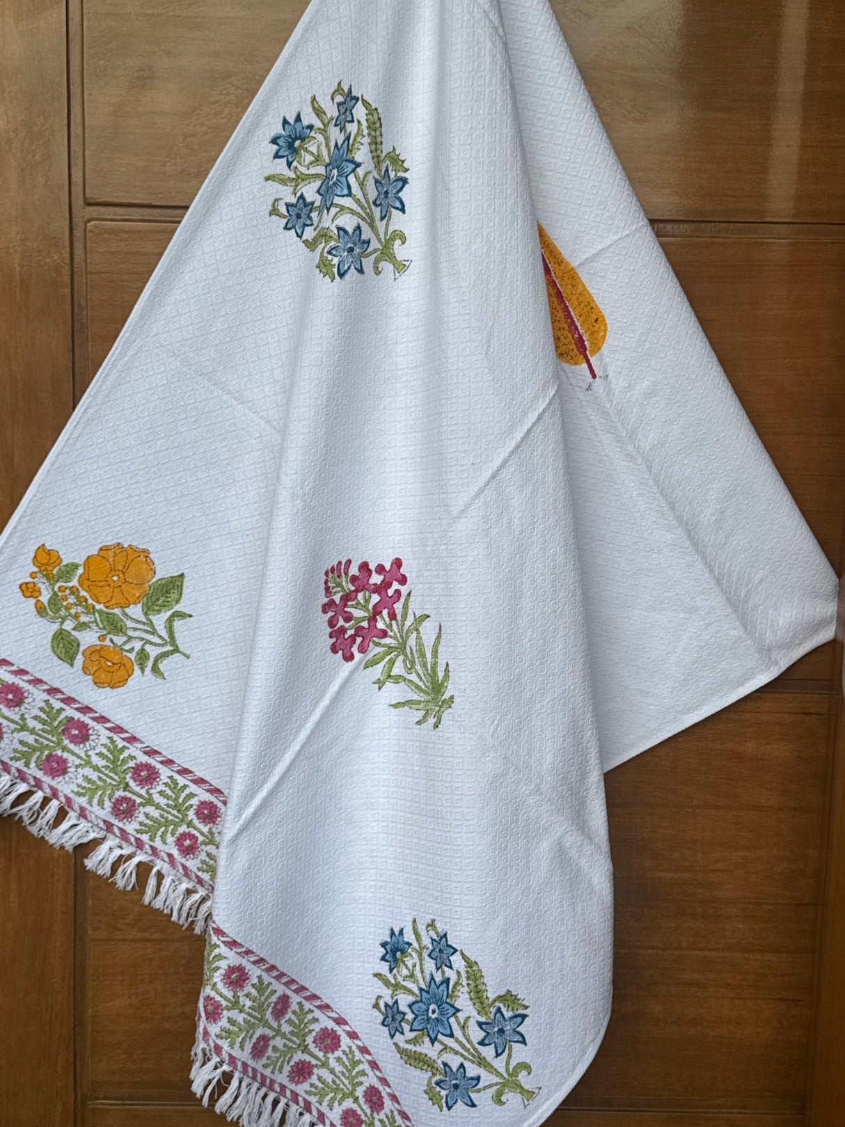 Pretty Floral Blockprint Soft Cotton Towel– Cotton Jacquard Weave