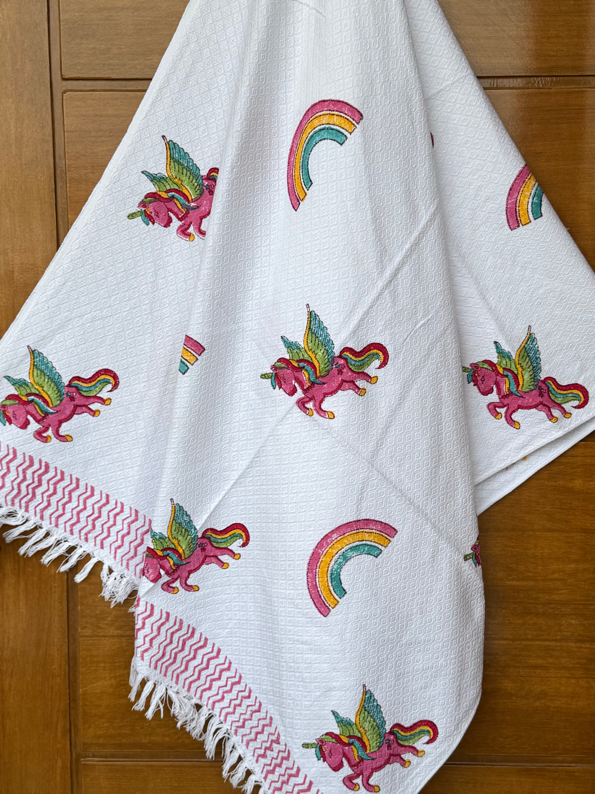 Unicorn Rainbow Blockprint Kids Towel – Cotton Jacquard Weave
