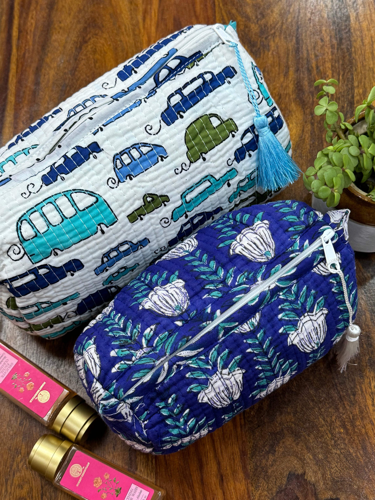 Cars & Flowers Set of 2 Pouches (medium and small)