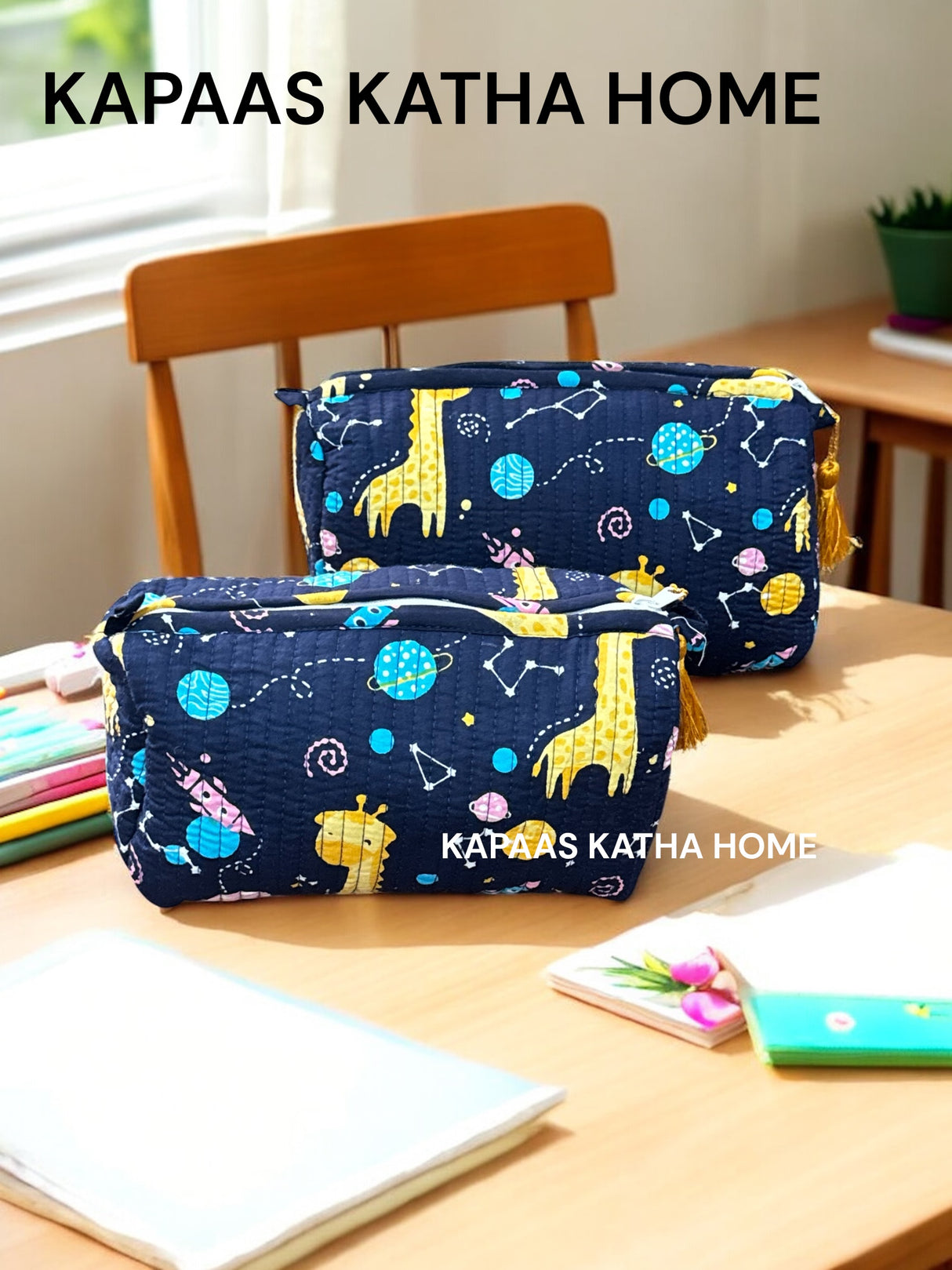 Blue Giraffe Set of 2 Pouches (medium and small)