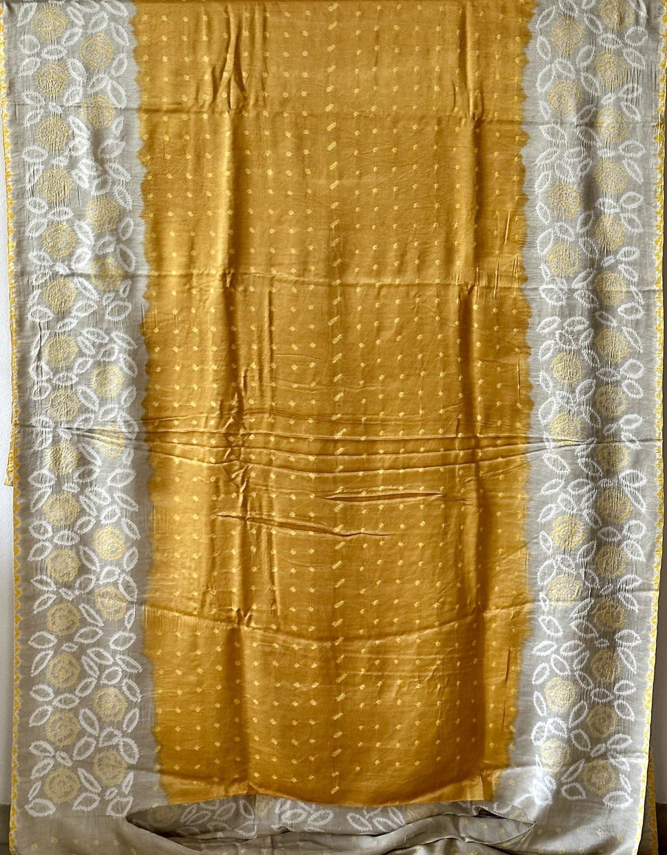 Elegant Grey Mustard Pure Gajji Silk Bandhani Saree