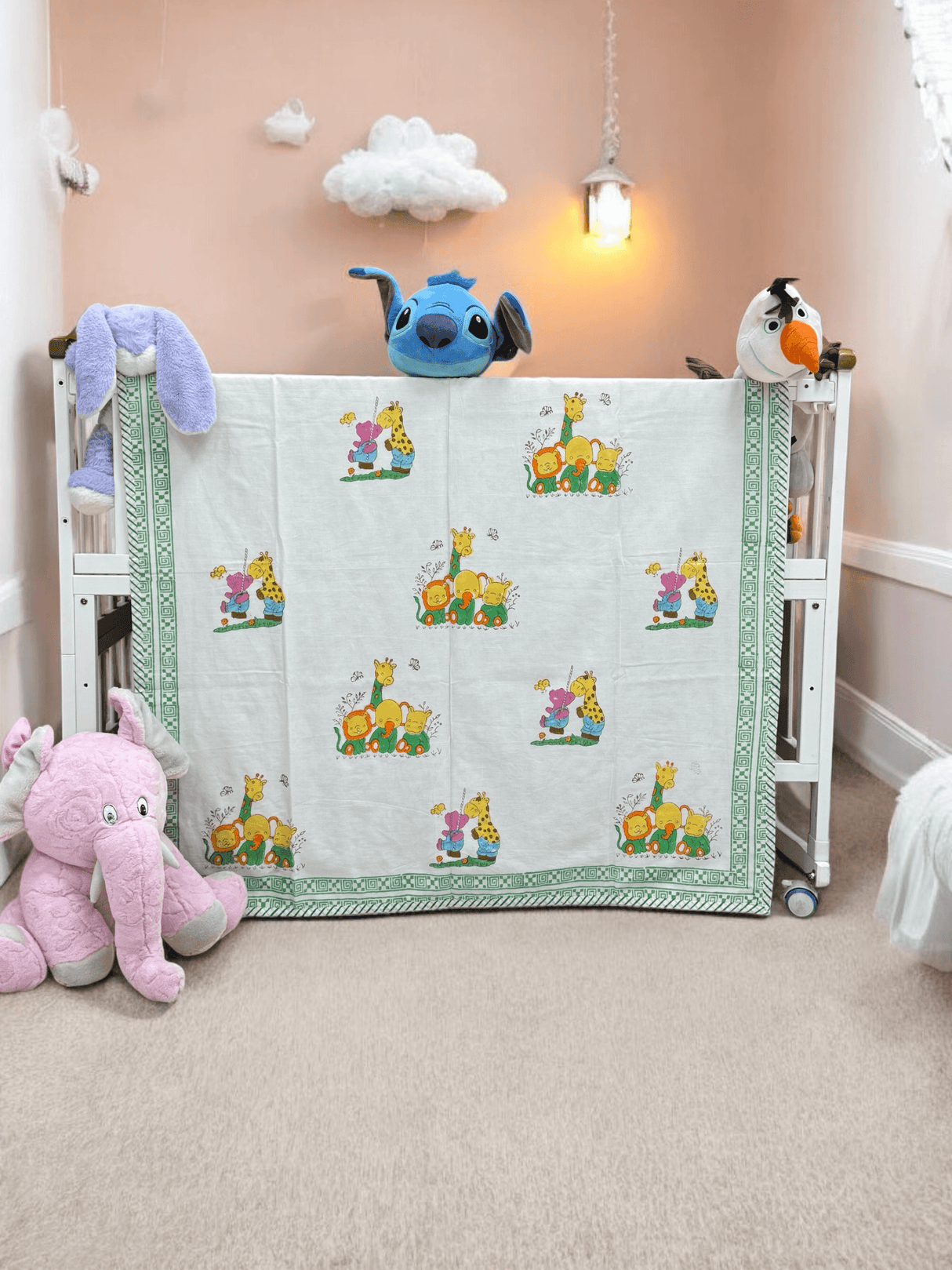 Eco Friendly Hand Block Printed Kids Dohar with Giraffe Lion Elephant Rhinos Perfect for Baby Shower and Birthday Gifts