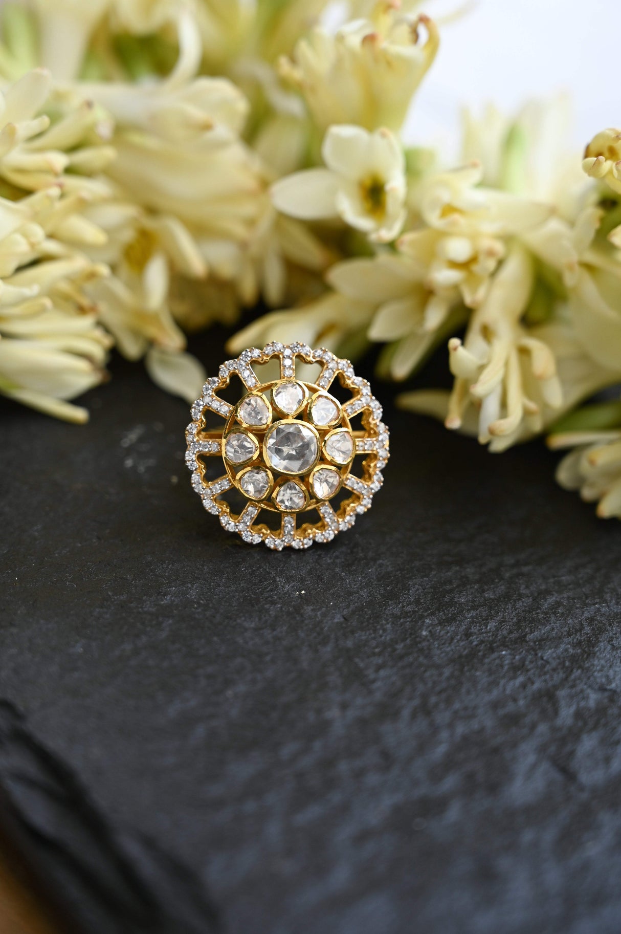 Royal Orbit Handcrafted Adjustable 92.5 Silver Ring with Moissanite polki