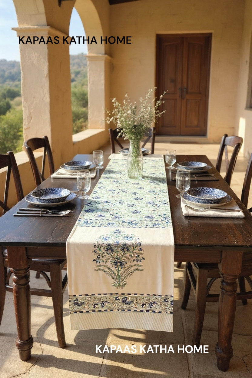 Blue Floral Blockprint Cotton Table Runner