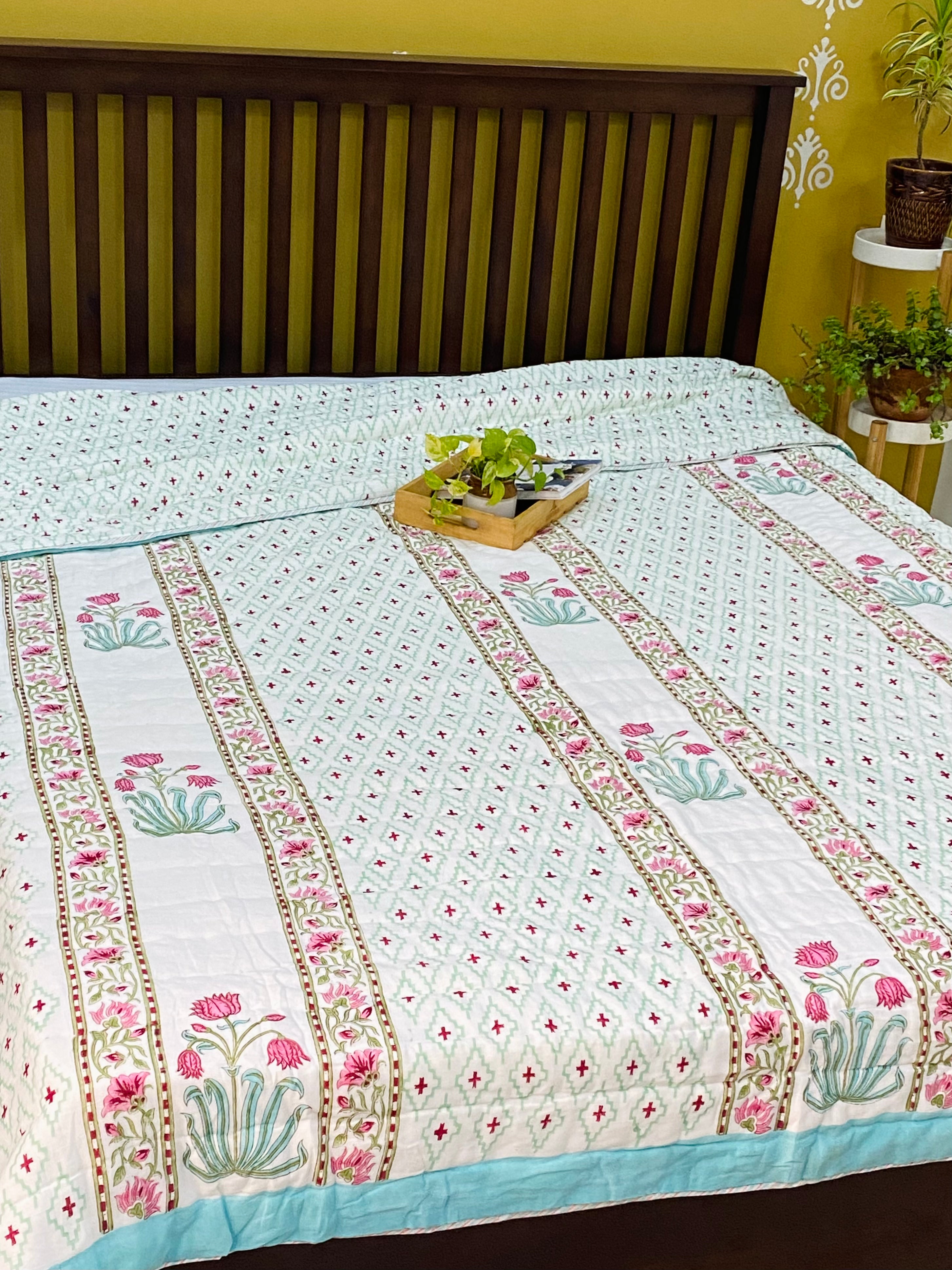 Blockprint Mulmul Reversible Quilt- King Size (108*108 inches)