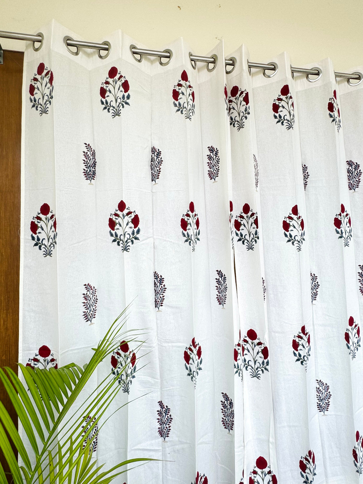 Pair of Red Motifs Blockprint Cotton Curtains (Set of 2)
