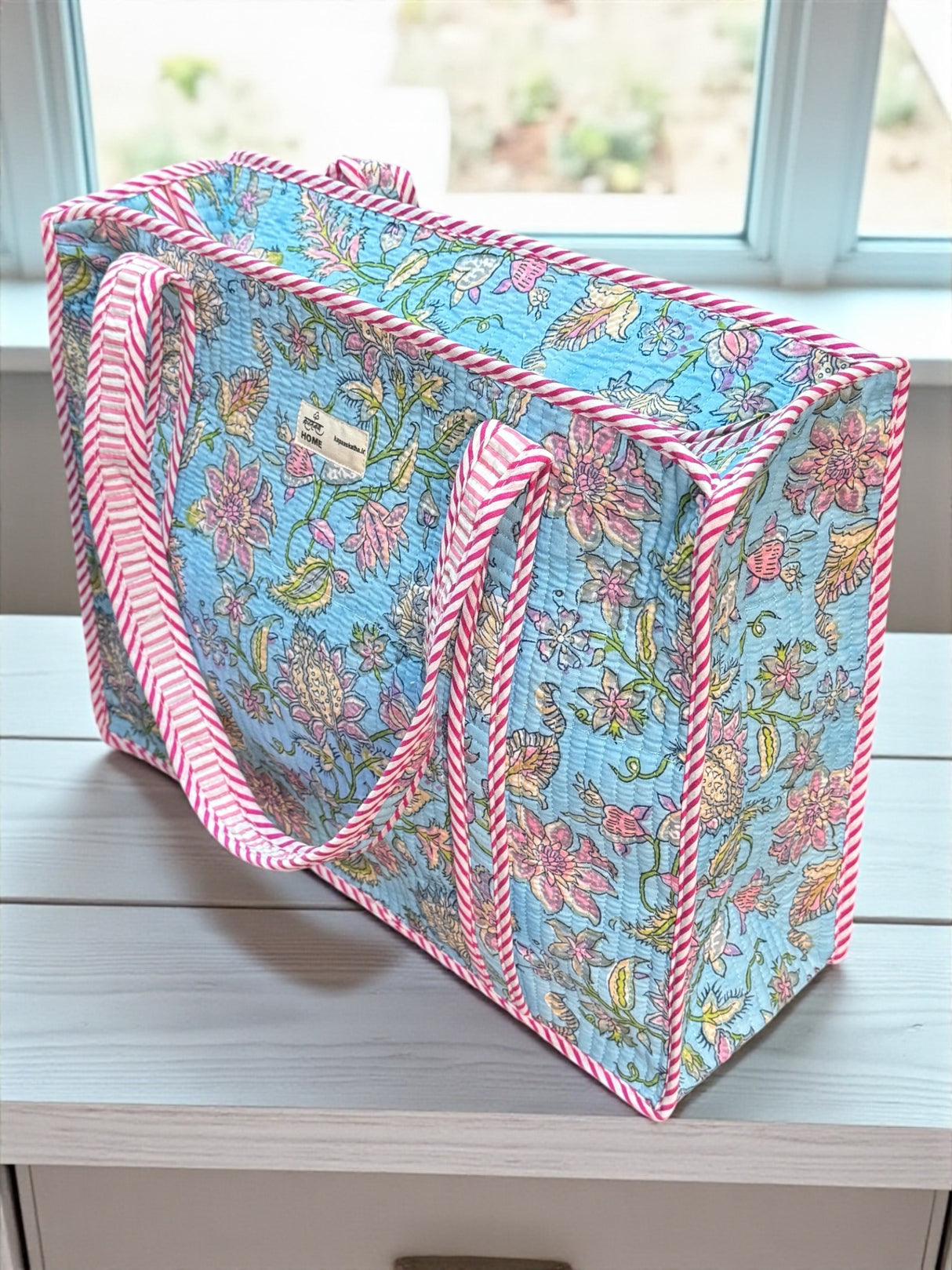 Vibrant Sky Blue & Pink Floral Block Print Handcrafted Tote Bag (with Zip Closure)
