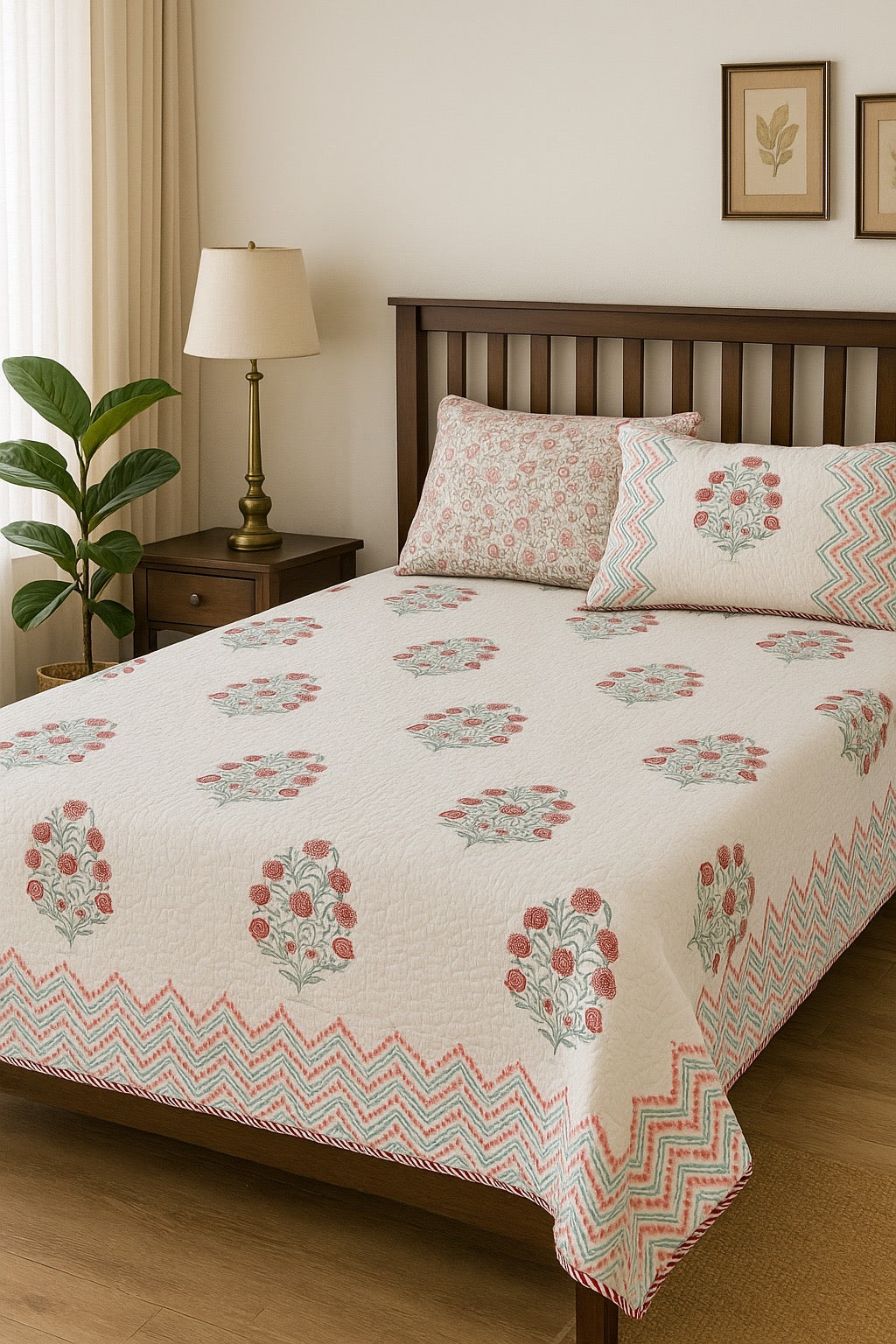 KING Size Quilted Blockprint REVERSIBLE Mulmul Bedcover (108*108 inches)