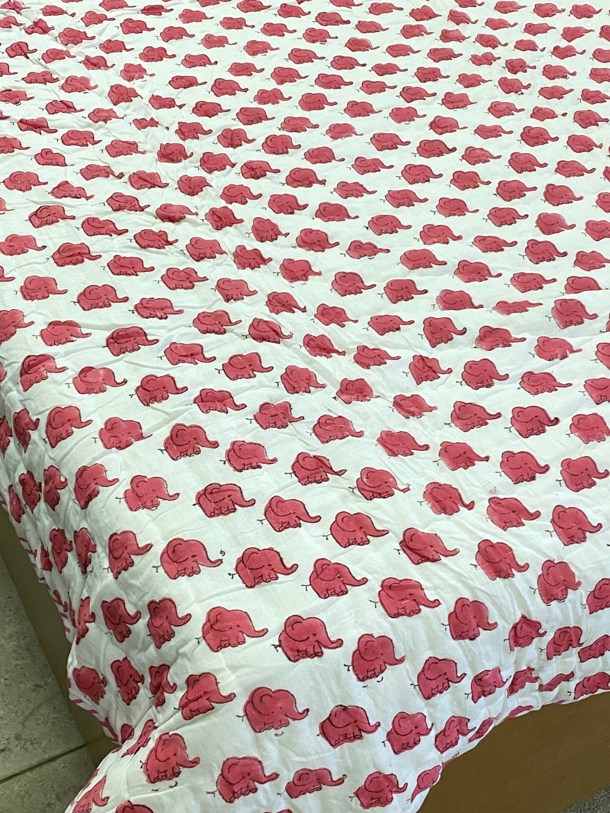Pink Elephant HandBlock Printed Mulmul Reversible Quilt