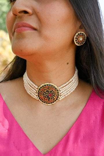 Noor-e-Mor Pearl and Kundan Setting Handcrafted 92.5 Silver Choker with Earrings