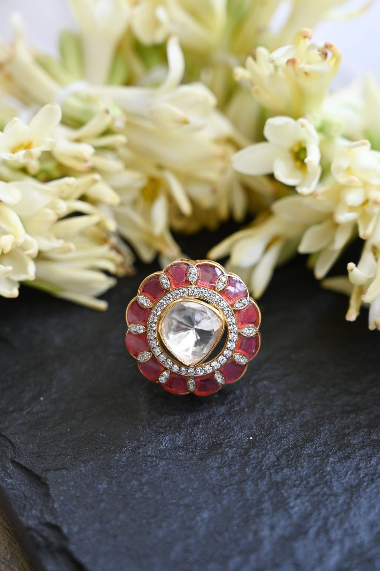 Crimson Legacy Ring - Handcrafted Adjustable 92.5 Silver Ring with Moissanite polki and Imitation Ruby