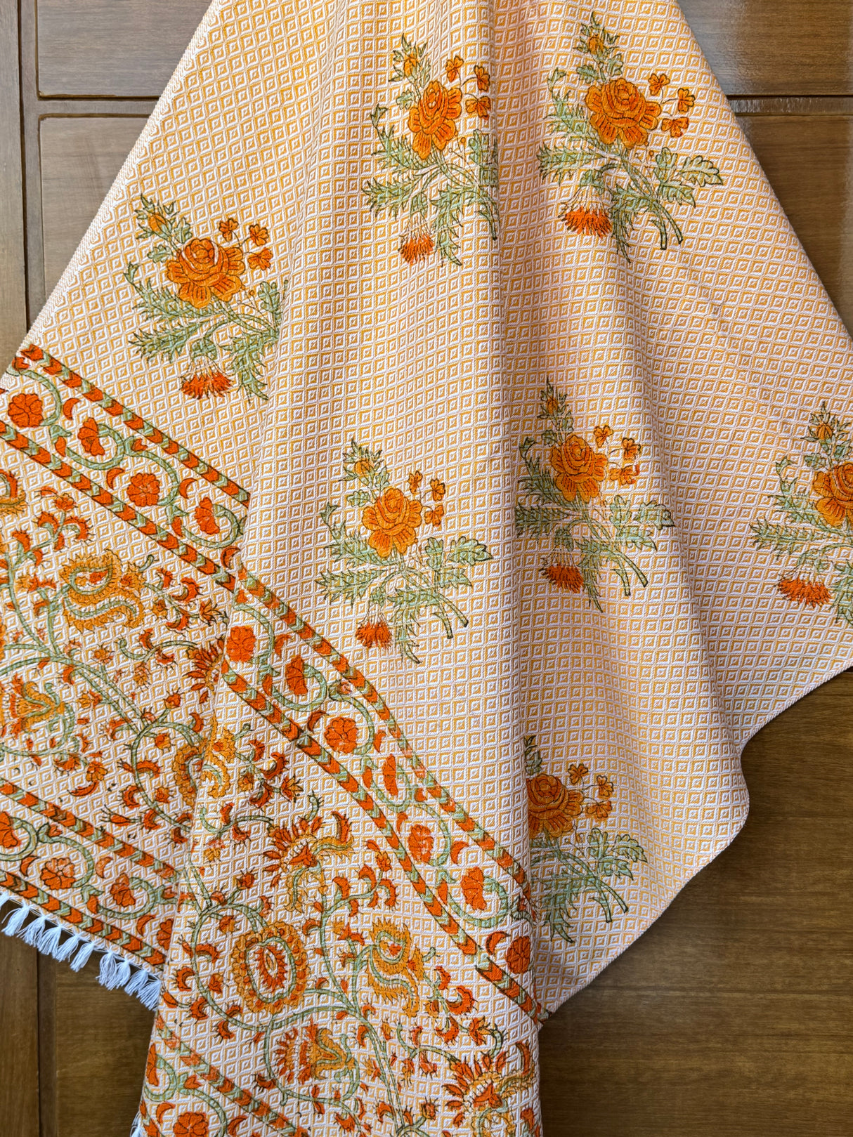 Yellow Floral Blockprint Soft Cotton Towel– Cotton Jacquard Weave