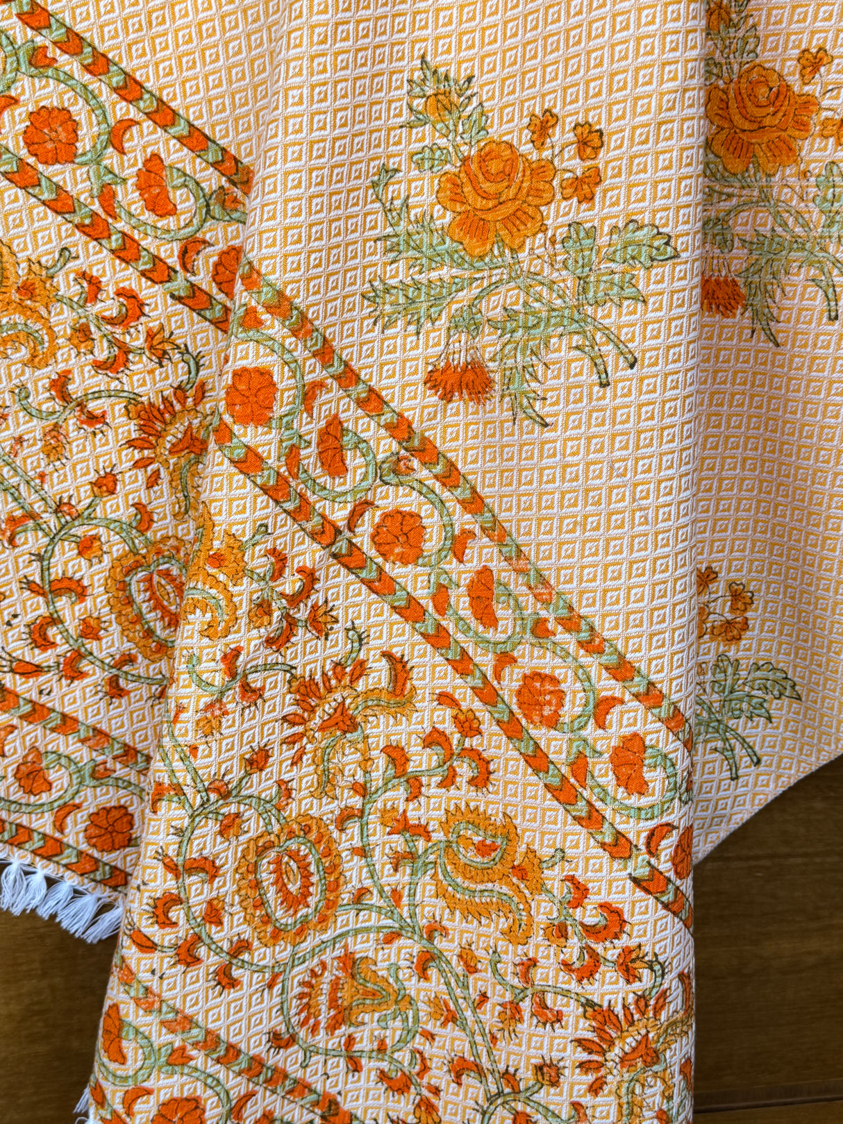 Yellow Floral Blockprint Soft Cotton Towel– Cotton Jacquard Weave