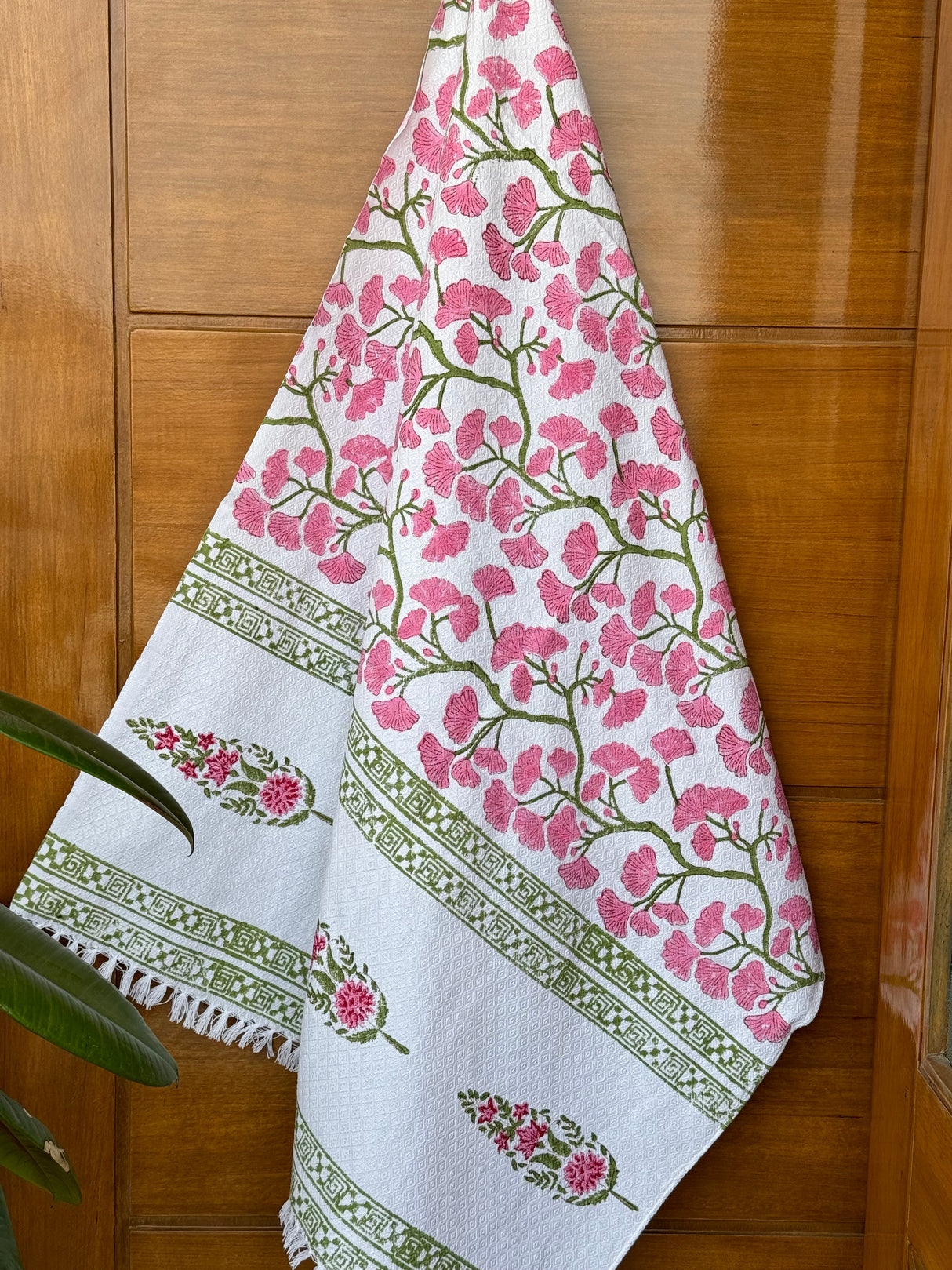 Pink Floral Blockprint Soft Cotton Towel– Cotton Jacquard Weave