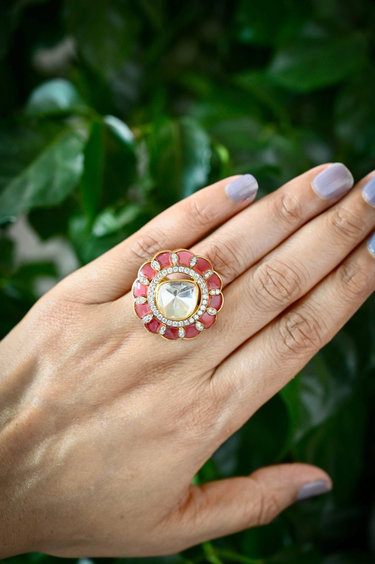 Crimson Legacy Ring - Handcrafted Adjustable 92.5 Silver Ring with Moissanite polki and Imitation Ruby