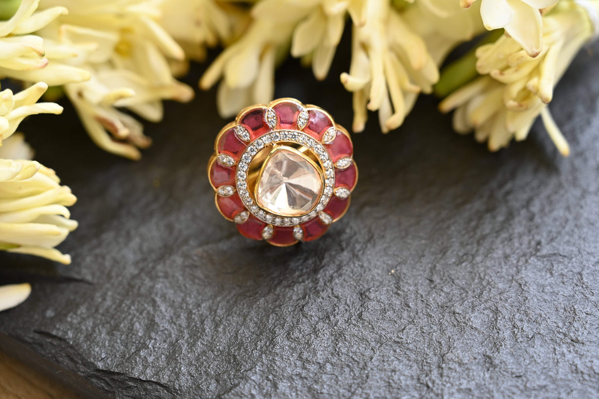 Crimson Legacy Ring - Handcrafted Adjustable 92.5 Silver Ring with Moissanite polki and Imitation Ruby