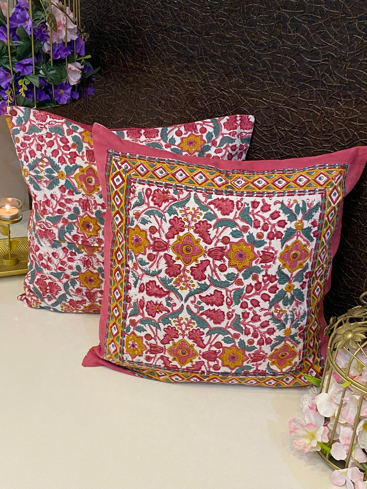 Pair of Handblock Printed Cushion Covers- 16*16 inches