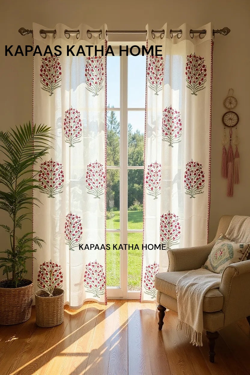 Pair of Pink Blockprint Cotton Curtain (Set of 2)