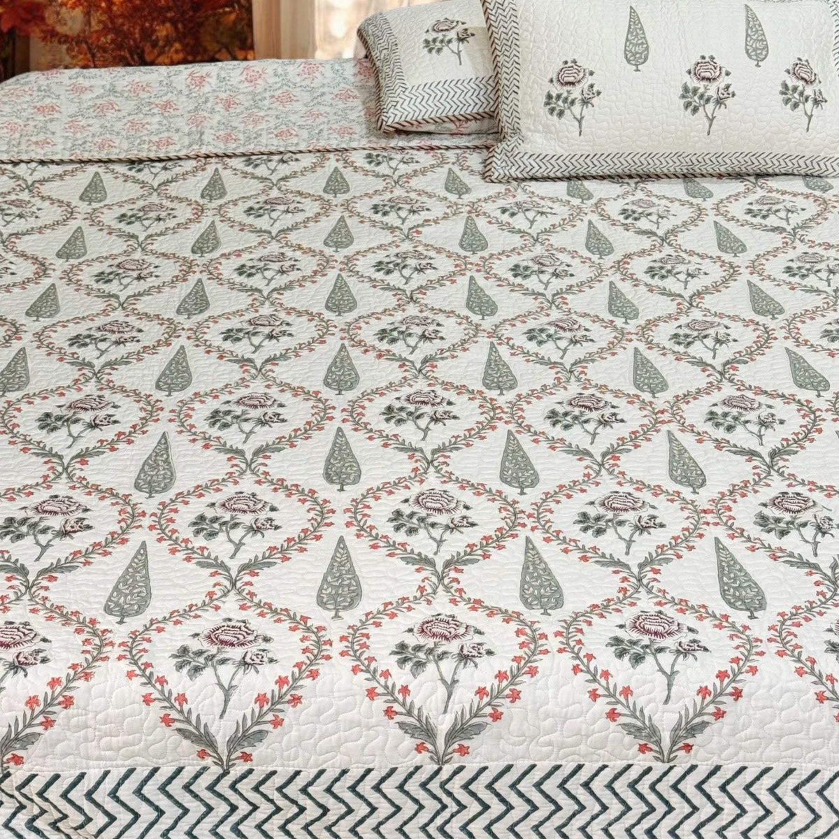 KING Size Quilted Blockprint REVERSIBLE Mulmul Bedcover (108*108 inche