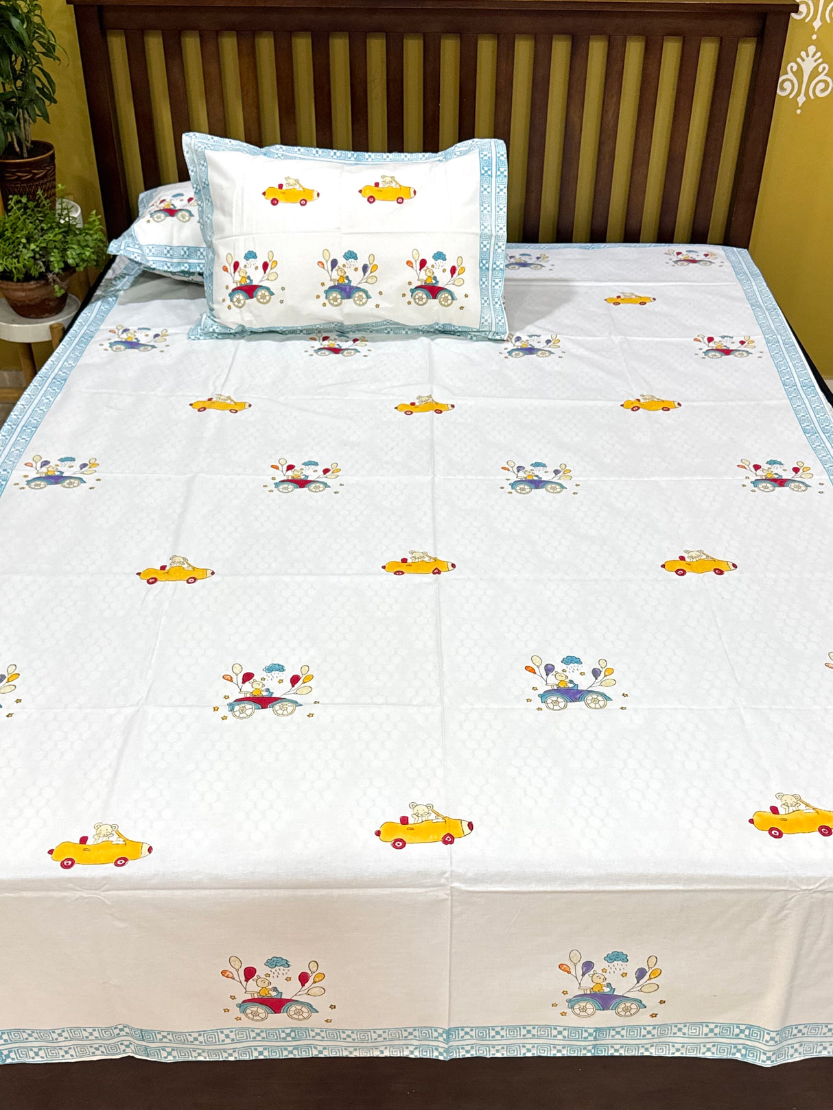 Cars and Balloons Handblock Printed Kids Cotton Bedsheet