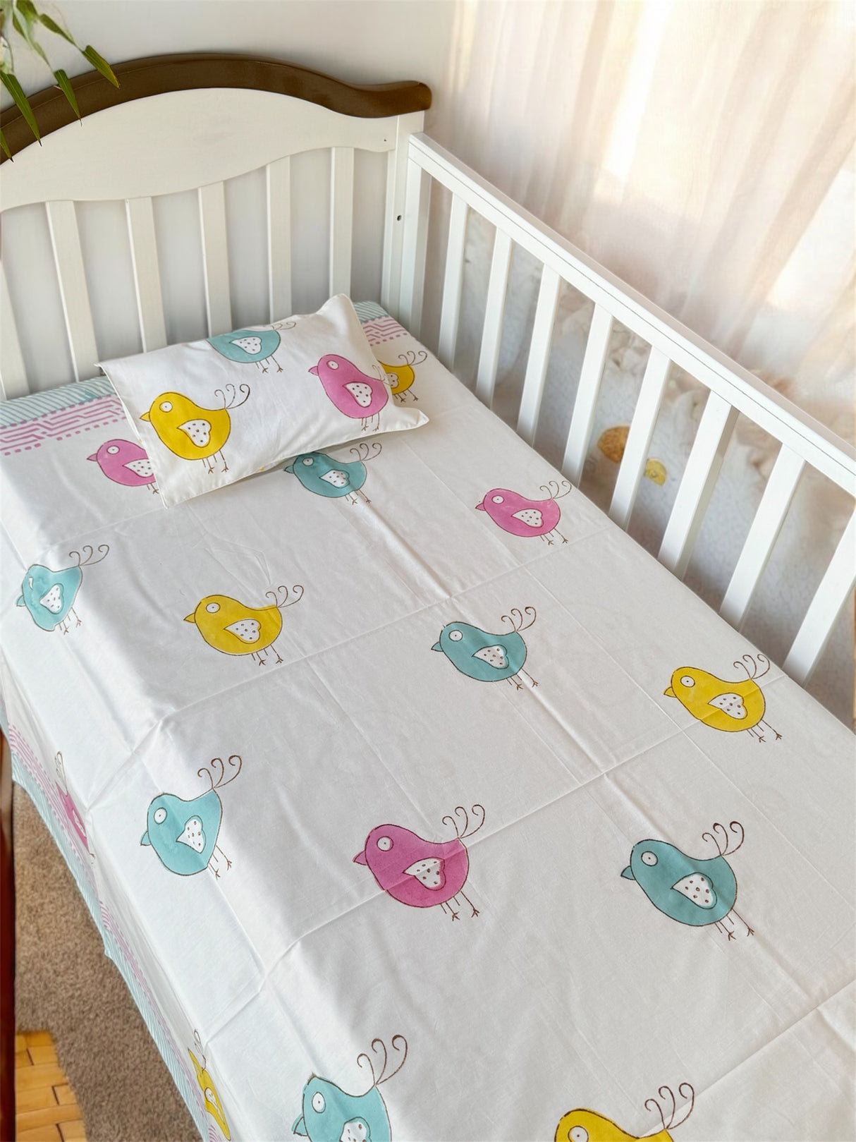 Cute Birds Blockprint Cot/Crib Sheet (60-40 inches)