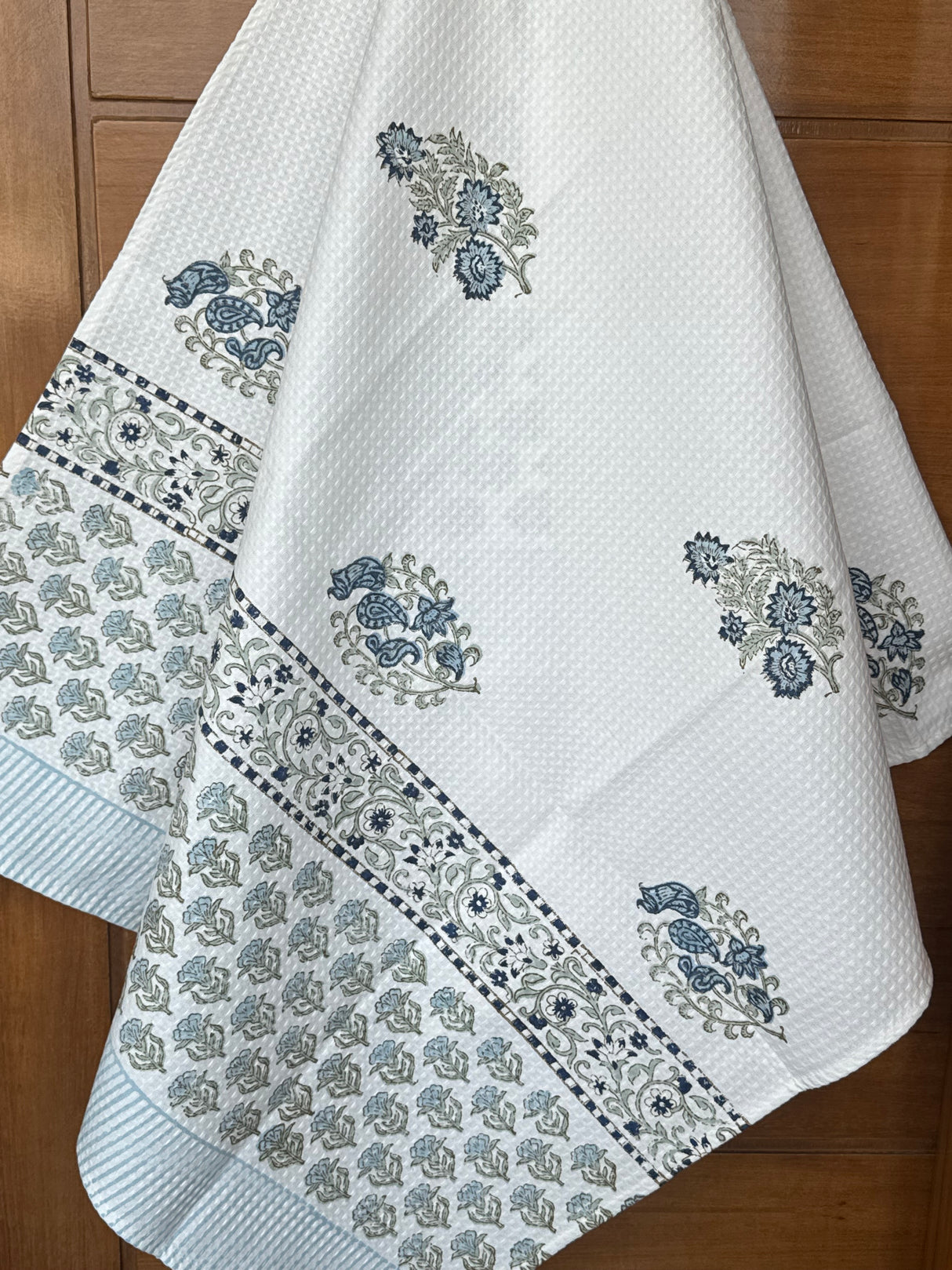Chic Blue Blockprint Cotton Towel – Waffle Weave