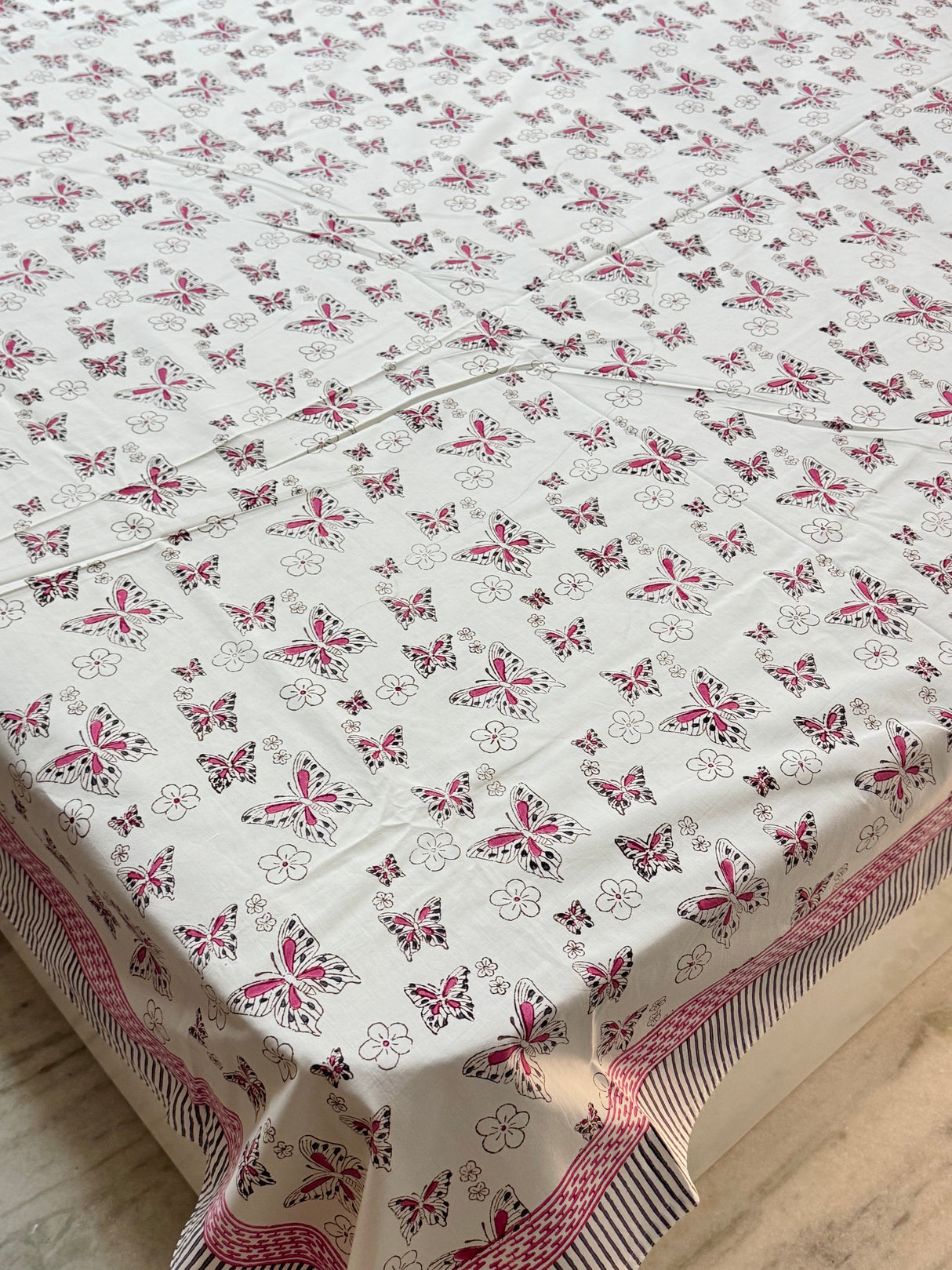 Pink Butterfly Handblock Printed Kids Cotton Bedsheet