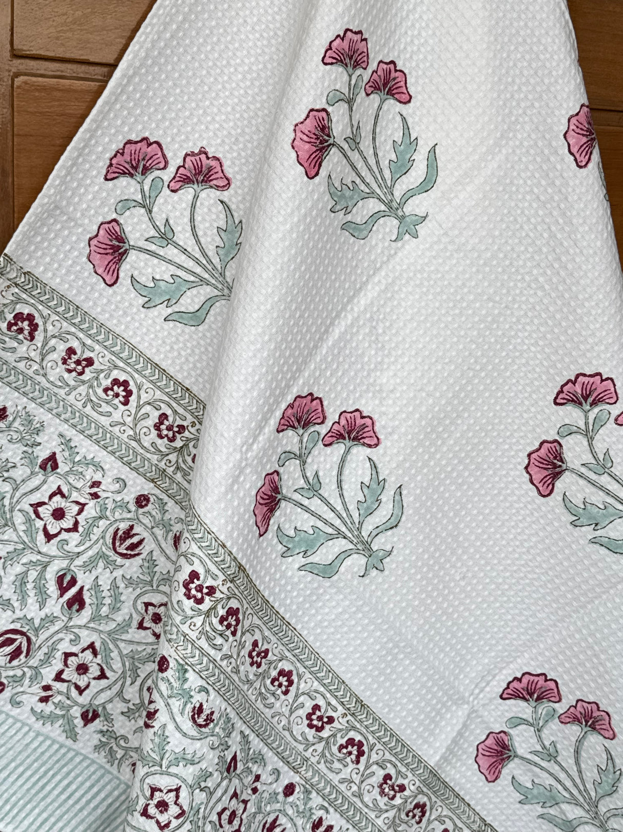 Fancy Floral Blockprint Cotton Towel – Waffle Weave