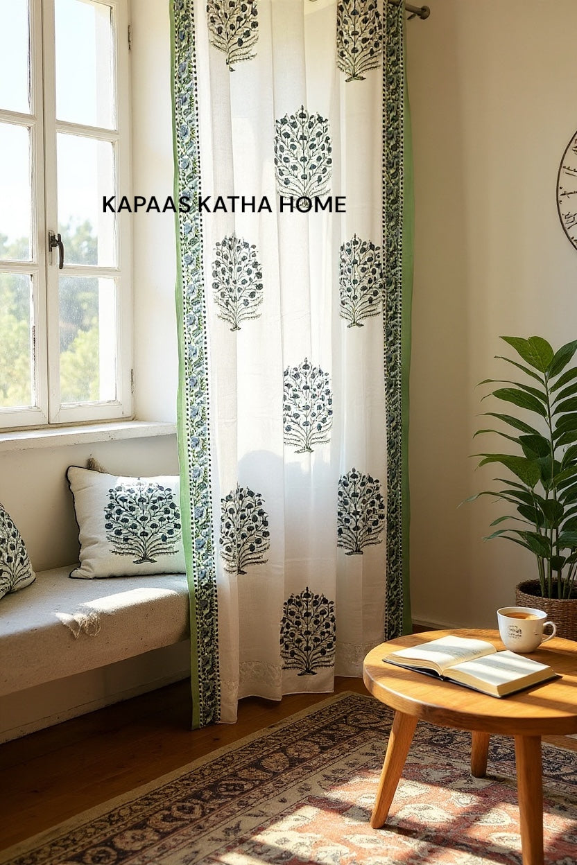 Pair of Pink Blockprint Cotton Curtain (Set of 2)