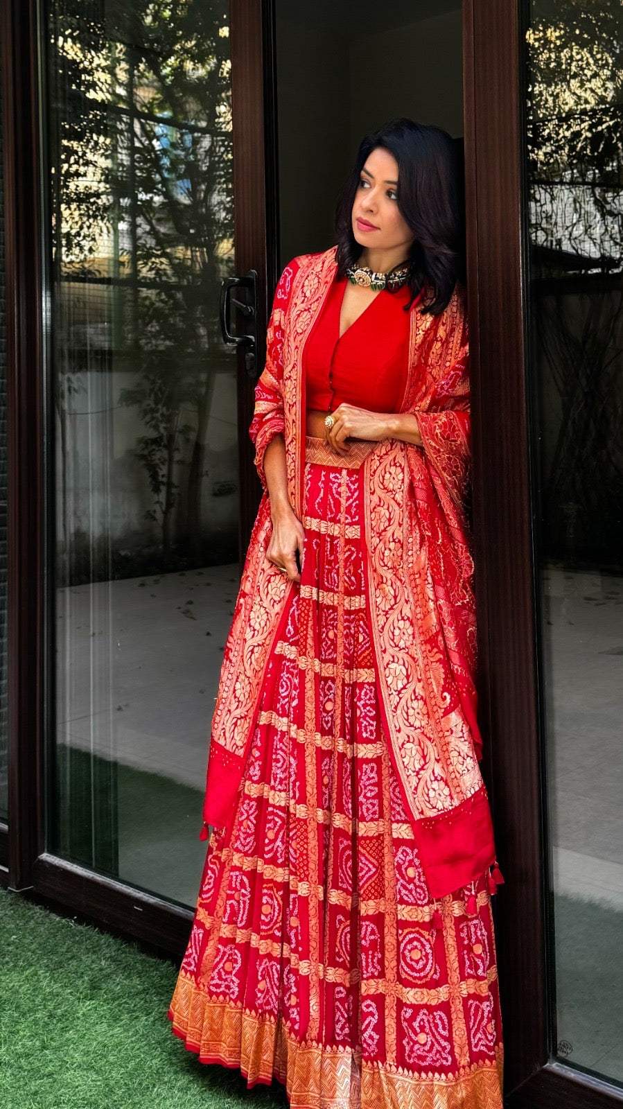 Red Banarsi Georgette Gharchola Bandhani Lehenga with Dupatta