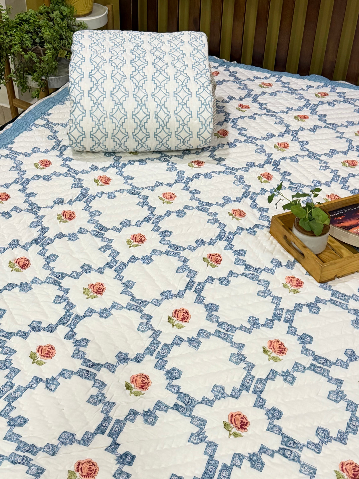 Spring Repose Handblock Print Reversible Mulmul Quilt