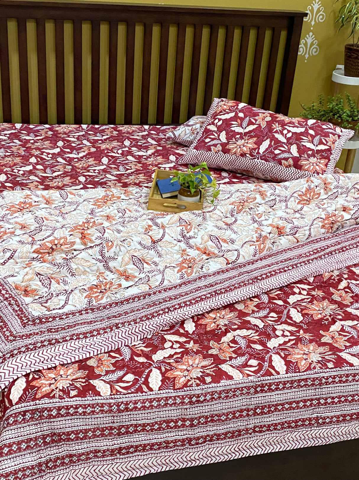 Rich Maroon Blockprint Bedsheet & Quilt Set