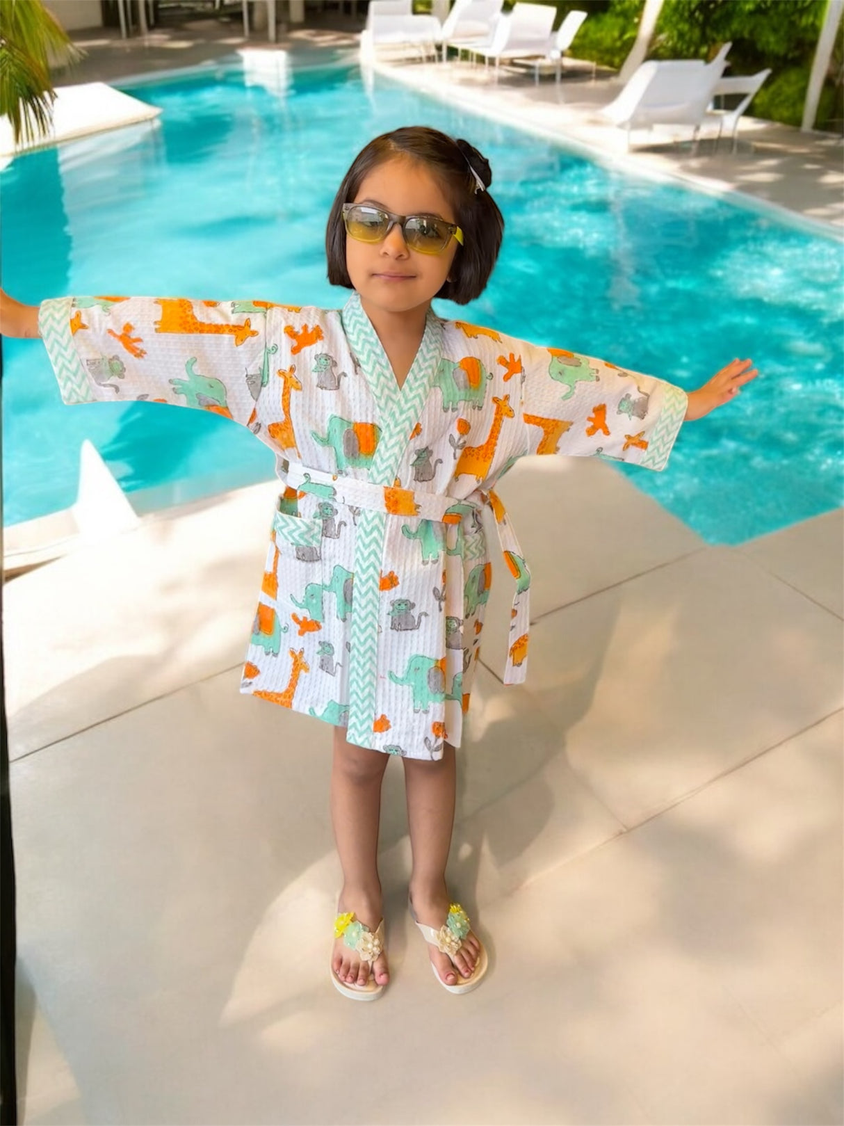 Jungle Kids Bathrobe-Cotton Waffle Blockprint