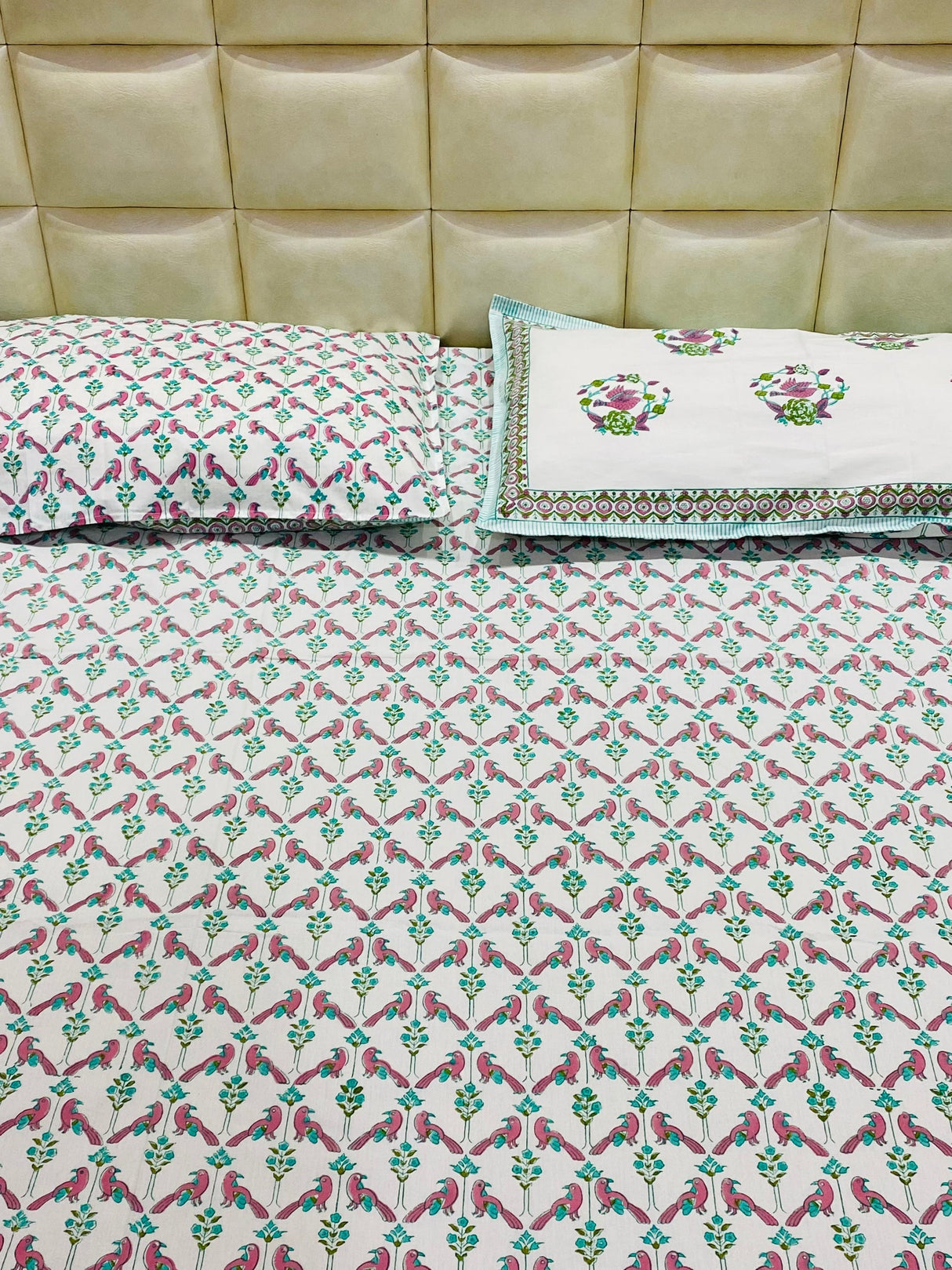 Parrot Theme Blockprint Bedsheet & Quilt Set