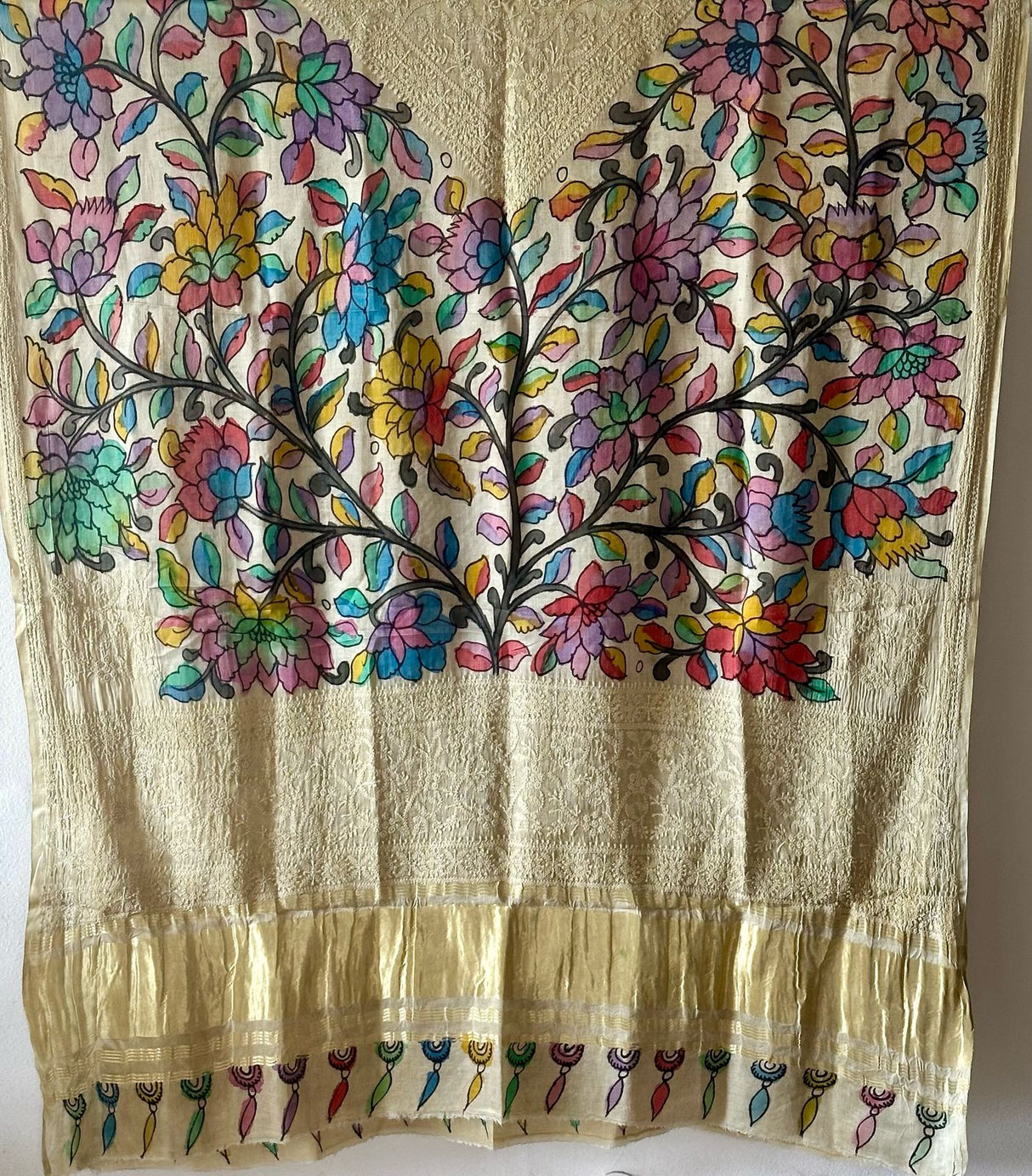 Floral Gajji Silk Chikan Embroidery Kalamkari Dupatta