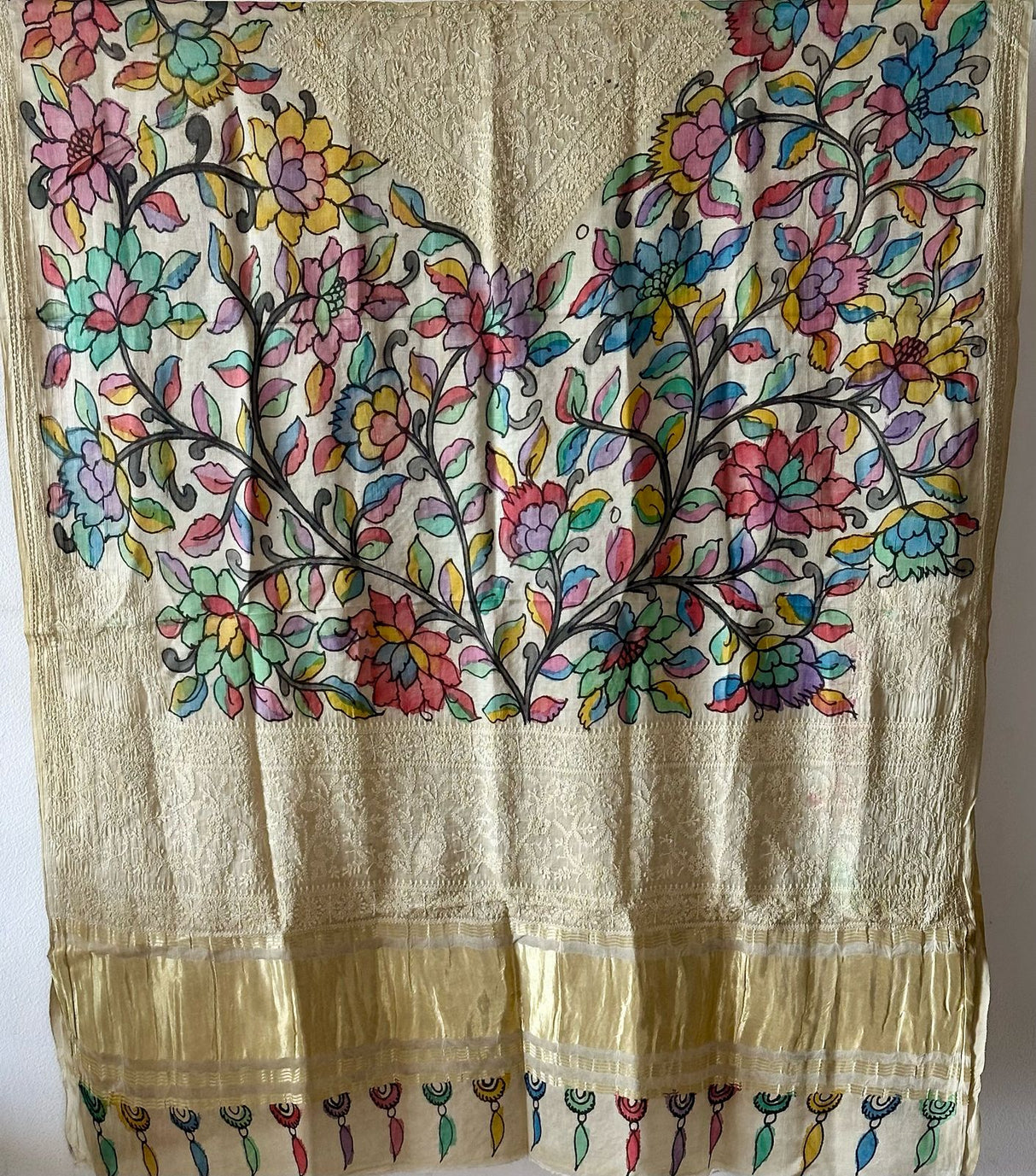 Floral Gajji Silk Chikan Embroidery Kalamkari Dupatta