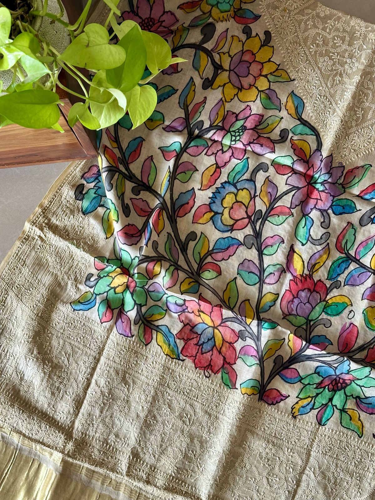 Floral Gajji Silk Chikan Embroidery Kalamkari Dupatta