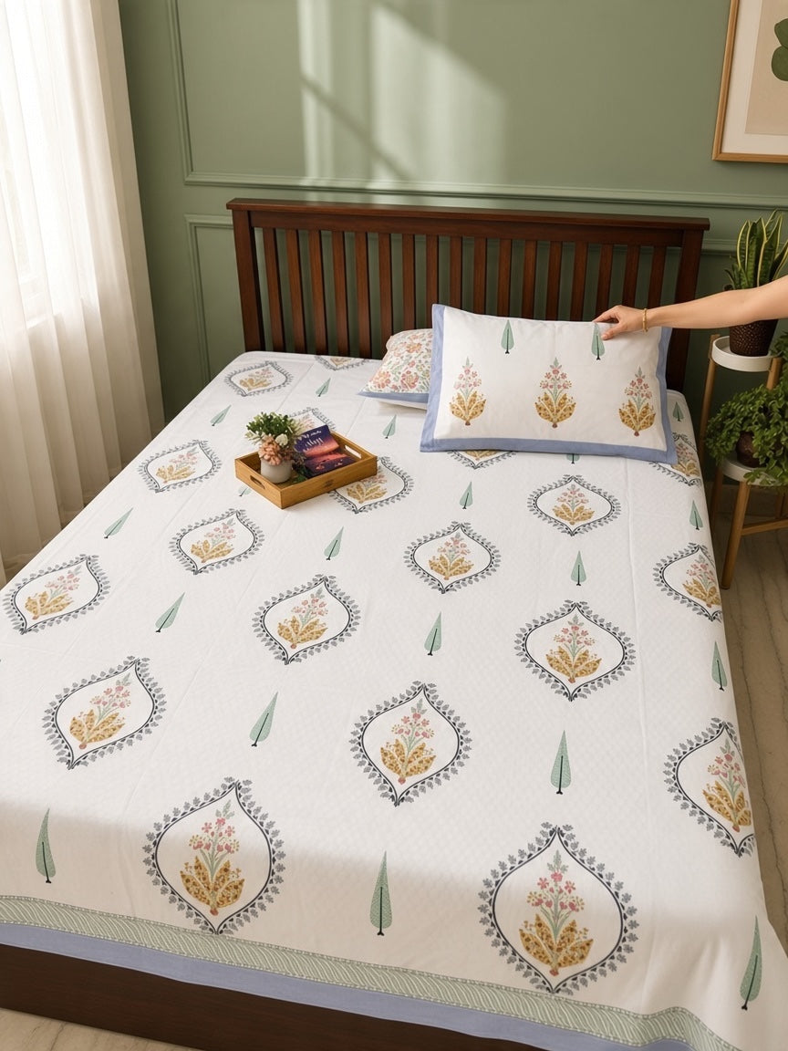 Floral and cypress motif printed bedsheet