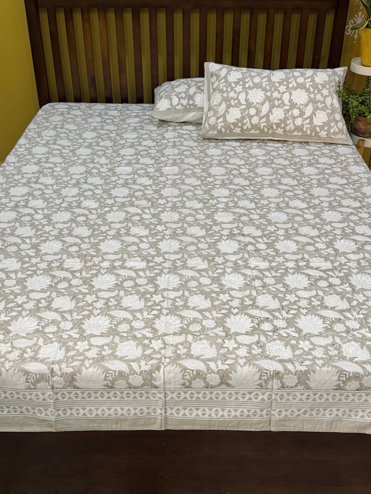 Grey and white floral Jaipur hand block printed bedsheet