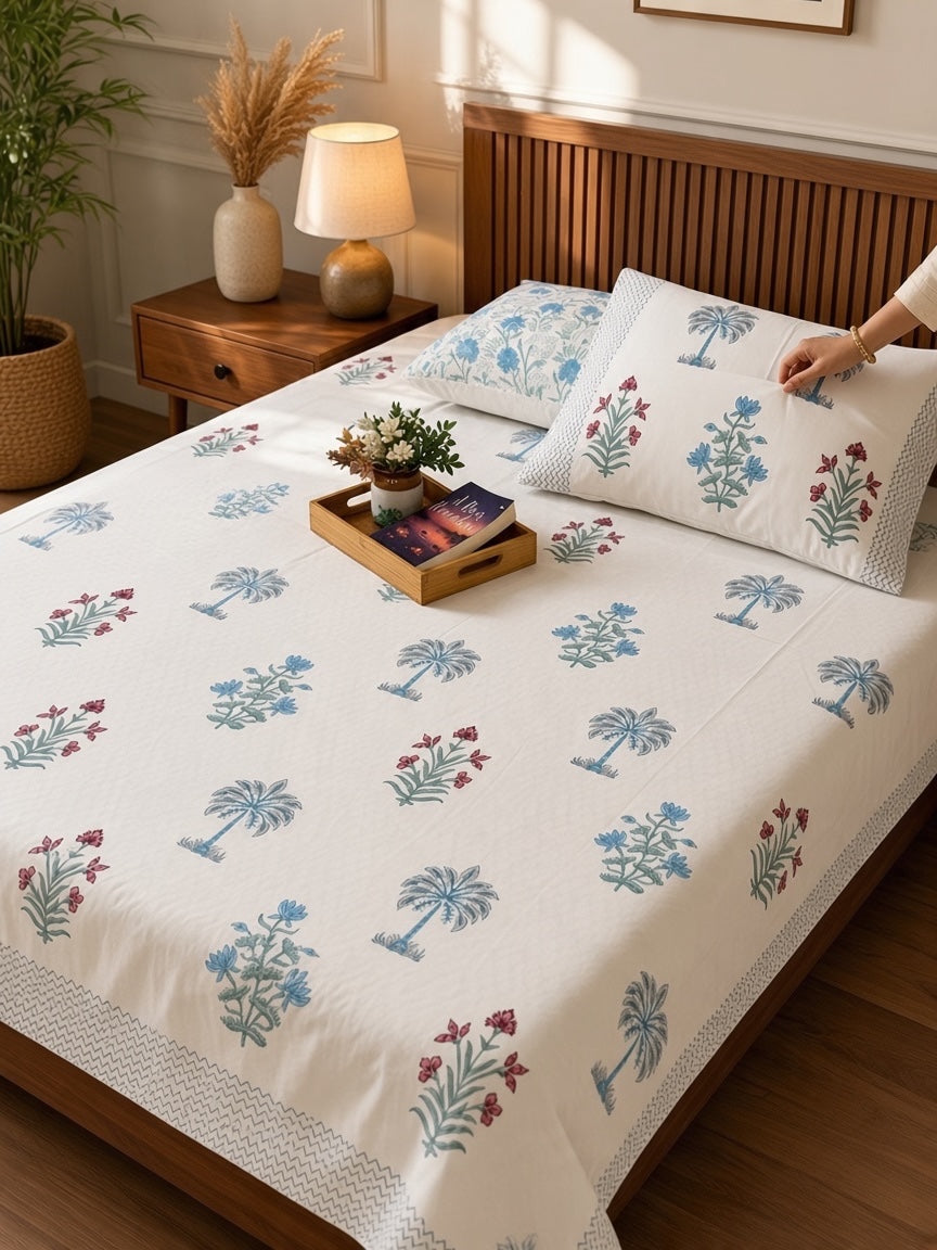 Hand-block printed tropical palm bedsheet design