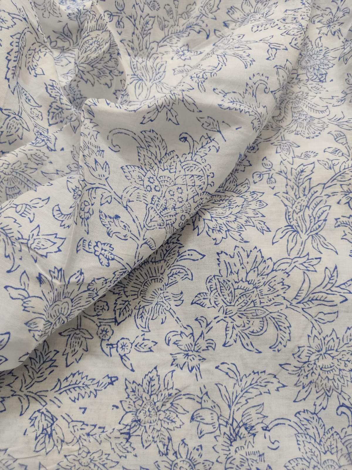 Indigo Coloured Floral Handblock Print Cotton Fabric (2.5 meters)