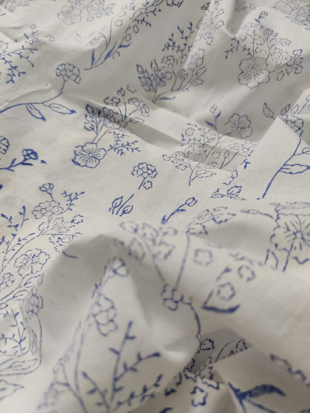 Mughal Inspired Indigo Handblock Printed Floral Cotton Fabric (2.5 meters)