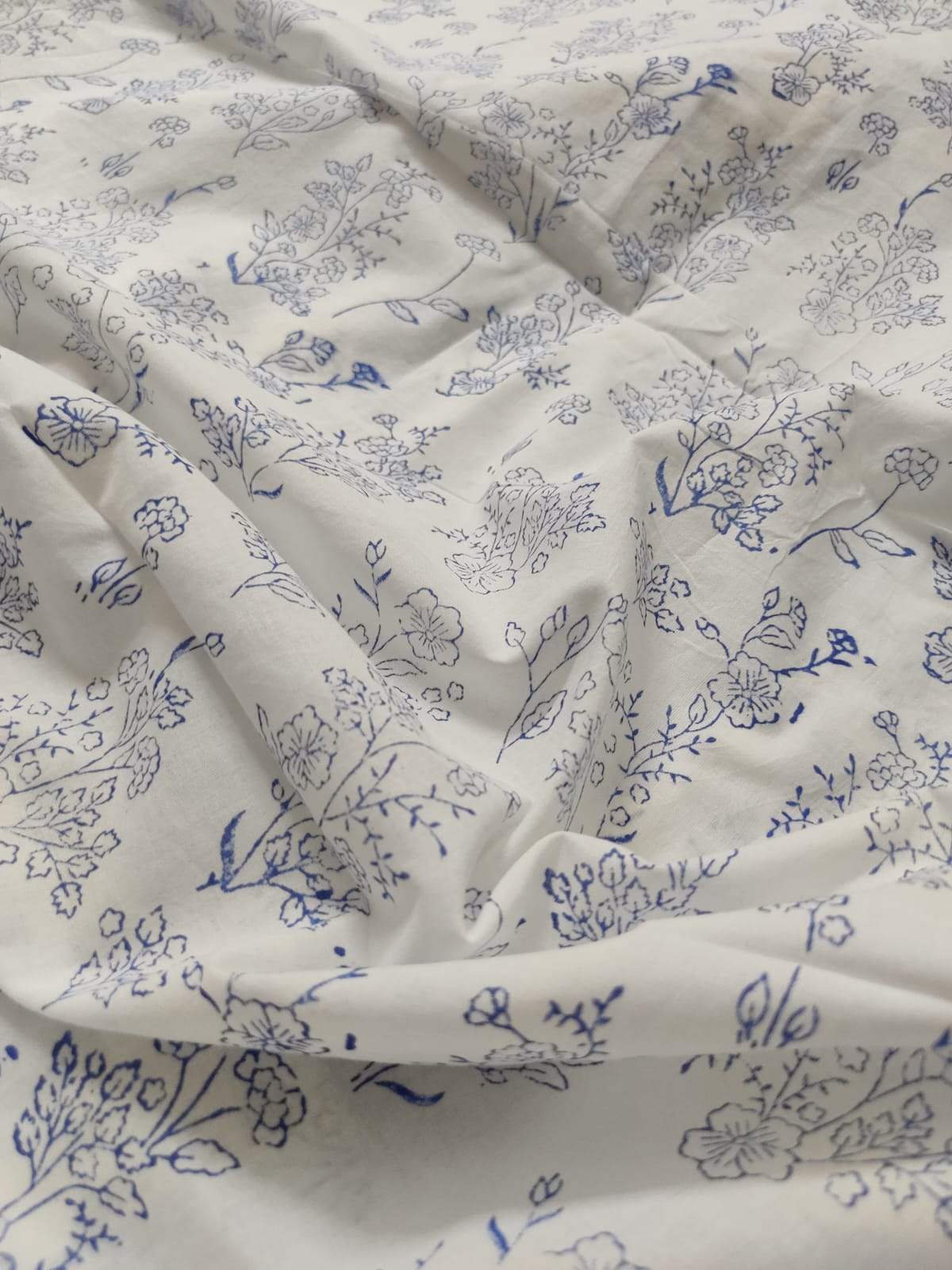Mughal Inspired Indigo Handblock Printed Floral Cotton Fabric (2.5 meters)
