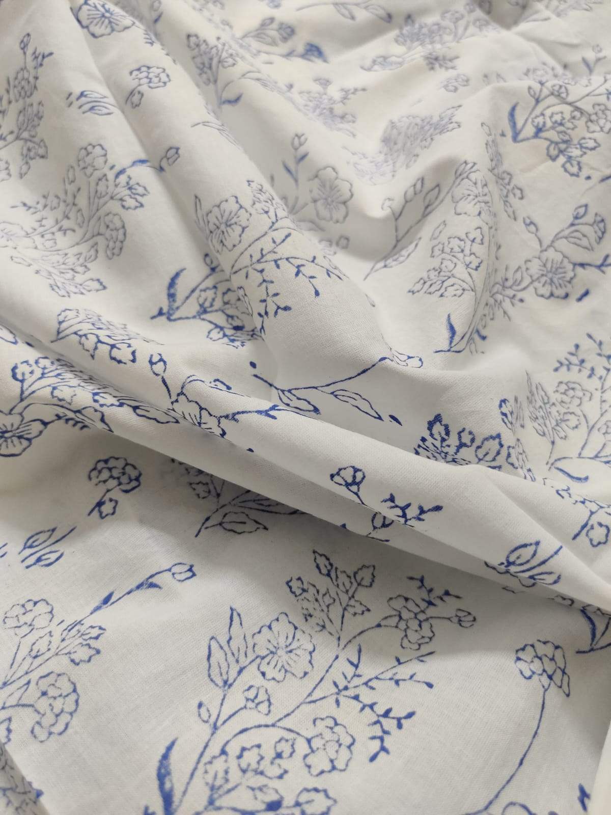 Mughal Inspired Indigo Handblock Printed Floral Cotton Fabric (2.5 meters)