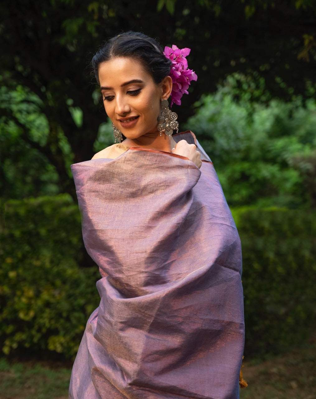 Handloom Tissue Linen Saree Blue and Copper