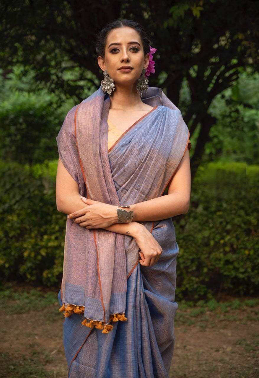 Handloom Tissue Linen Saree Blue and Copper